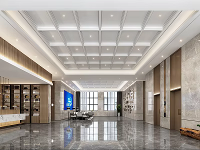 Elegant Modern Hotel Lobby With White Grid Ceiling Marble Floor And Blue Artwork 3d model