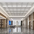 Elegant Modern Hotel Lobby With White Grid Ceiling Marble Floor And Blue Artwork