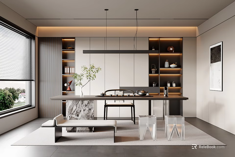 Modern Minimalist Open Tea Room With Large Table Chairs Shelves Plant And Floor to ceiling Window 3d model 