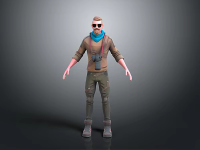 Adventurous Character With Sunglasses Blue Scarf Brown Jacket Green Pants And Binoculars 3d model