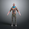Adventurous Character With Sunglasses Blue Scarf Brown Jacket Green Pants And Binoculars