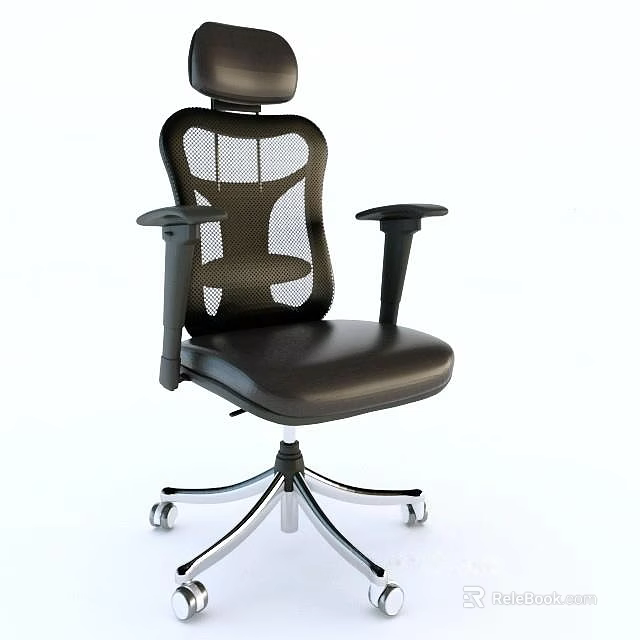 Black Mesh Back Office Chair With Leather Seat Headrest Armrests And Five Star Base Wheels 3d model 