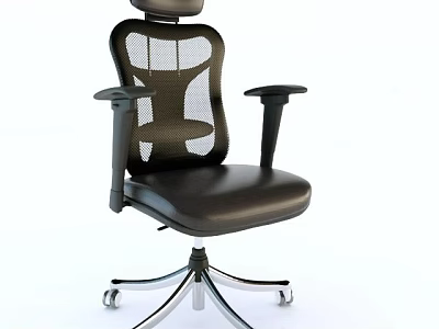 Black Mesh Back Office Chair With Leather Seat Headrest Armrests And Five Star Base Wheels 3d model
