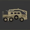 Tan Military Tank With Six Wheels Top Mechanical Arm And Windows