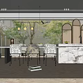 Modern Elegant Restaurant Interior With Dining Table Chairs Hanging Lights Green Plants And Marble Counter