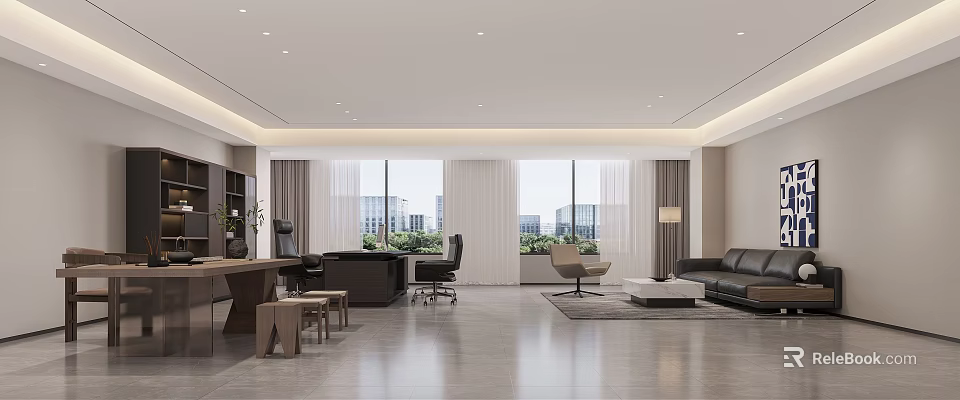 Modern Office Interior Design With Large Windows City View Sofa Desk And Chairs 3d model 