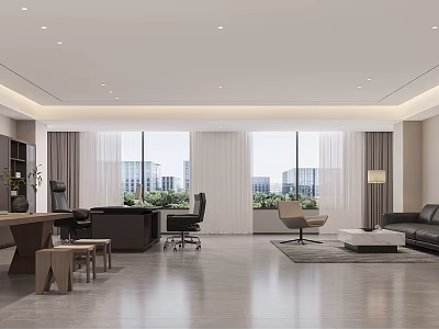 Modern Office Interior Design With Large Windows City View Sofa Desk And Chairs 3d model