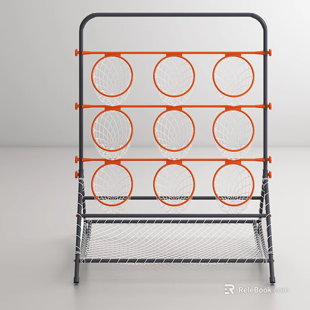 Multi Layer Sports Equipment With Orange Rimmed Circular Nets And Metal Mesh Shelf Base 3d model 