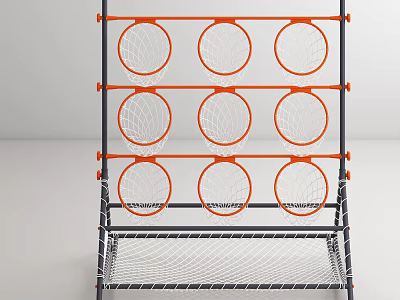 Multi Layer Sports Equipment With Orange Rimmed Circular Nets And Metal Mesh Shelf Base 3d model