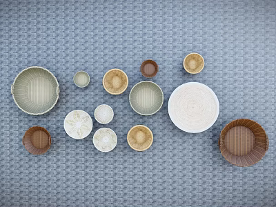 Assorted Storage Baskets in Various Sizes and Different Colors on Gray Grid Background 3d model