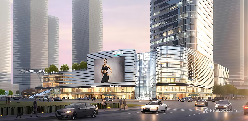 Modern Urban Commercial Complex With Glass Facade High Rise Buildings Street Cars And Pedestrians 3d model 