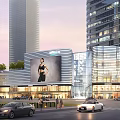 Modern Urban Commercial Complex With Glass Facade High Rise Buildings Street Cars And Pedestrians