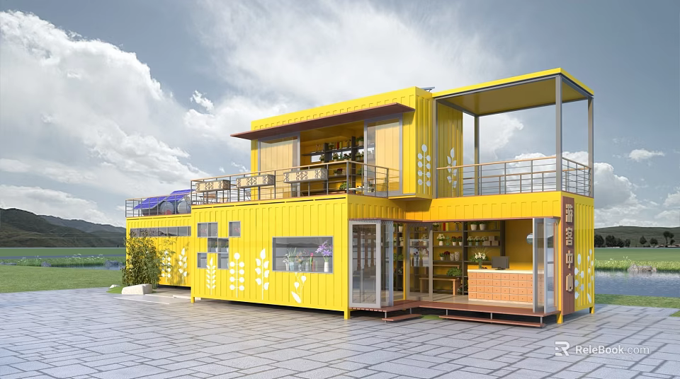 Yellow Container Tourist Center Building With Balcony Glass Facade And Outdoor Area 3d model 