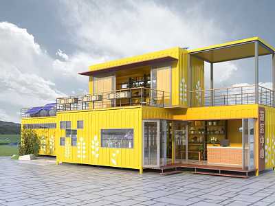 Yellow Container Tourist Center Building With Balcony Glass Facade And Outdoor Area 3d model