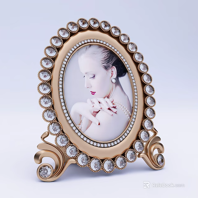 Luxury Gold Oval Photo Frame With Crystal Studded Ornate Border For Decorative 3d model 