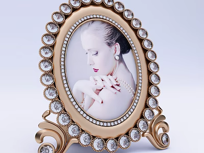 Luxury Gold Oval Photo Frame With Crystal Studded Ornate Border For Decorative 3d model