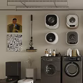 Modern Laundry Room Interior With Various Style Washing Machines And Storage Cabinets