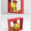 Decorative Ornament Set With Red Frame Golden Pig Figurine Gold Coins And Heart Decorations