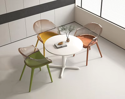 Round White Dining Table with Acrylic Chairs Set in Modern Interior with Plant and Book 3d model