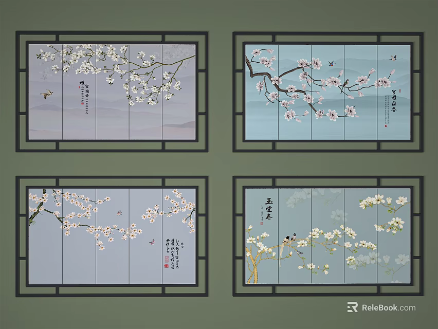 Traditional Plant Paintings Four Panels With Plum Blossom Branches Light Blue Background 3d model 