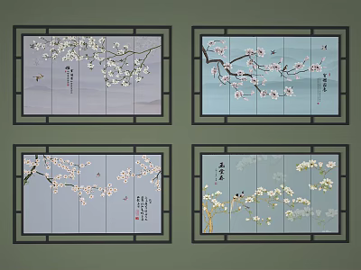 Traditional Plant Paintings Four Panels With Plum Blossom Branches Light Blue Background 3d model