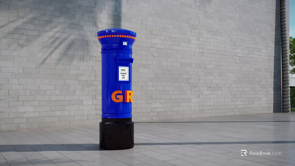 Blue Commercial Post Box With GR Logo Standing Against Brick Wall 3d model 