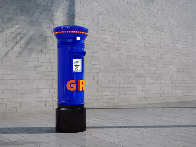Blue Commercial Post Box With GR Logo Standing Against Brick Wall 3d model