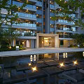Modern High-Rise Building Entrance Gate With Glass Door Lighting Front Pool Stone Pathway And Greenery