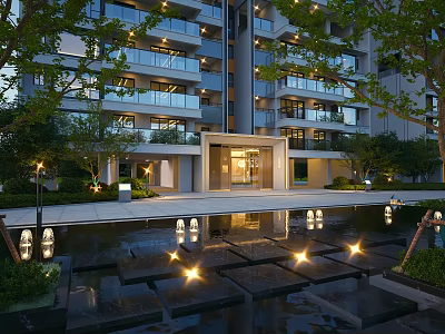 Modern High-Rise Building Entrance Gate With Glass Door Lighting Front Pool Stone Pathway And Greenery 3d model