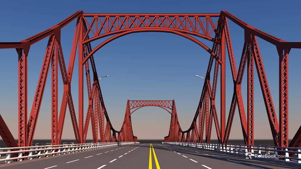 Red Steel Frame Double Arch Bridge With Yellow Roadway Lines And White Railings 3d model 