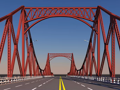 Red Steel Frame Double Arch Bridge With Yellow Roadway Lines And White Railings 3d model