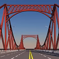 Red Steel Frame Double Arch Bridge With Yellow Roadway Lines And White Railings
