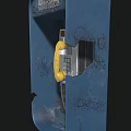 Vintage Public Telephone In Blue Booth With Yellow Handset And Keypad Stickers