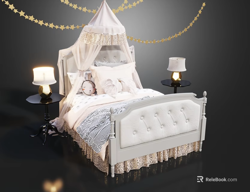 White Canopy Children's Bed With Lace Trim Pillows Table Lamps And Star Garlands 3d model 