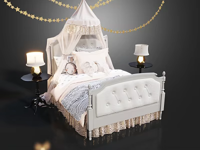 White Canopy Children's Bed With Lace Trim Pillows Table Lamps And Star Garlands 3d model