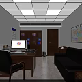 Modern Office Interior With Wooden Desk Computer Black Sofa And Wall Map 3d model
