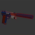 Blue Tactical Pistol With Wooden Grip Extended Barrel Warning Stripes And Tactical Light