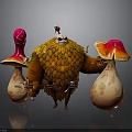 Cartoon Character With Orange Yellow Feathered Body Holding Two Red Cap Mushrooms With White Spots