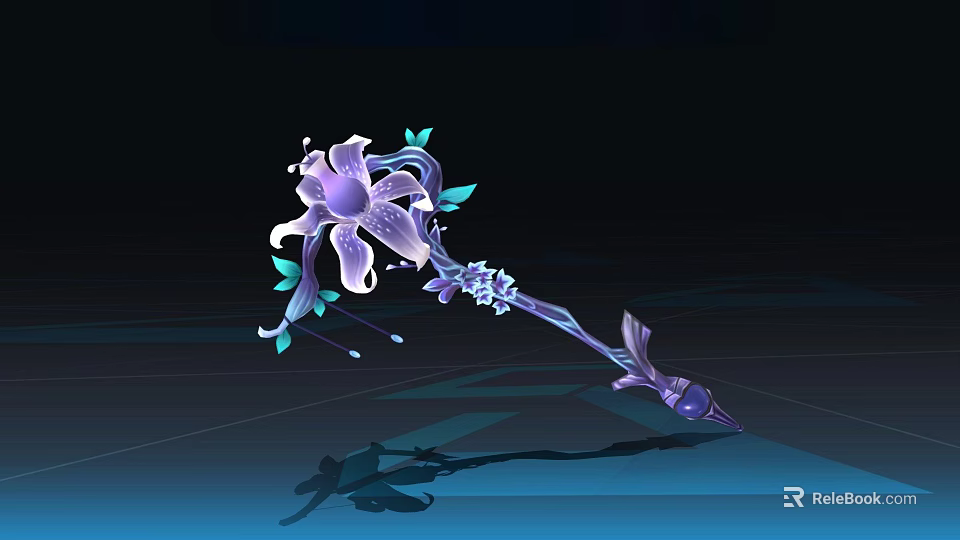Ornamental Purple Fantasy Magic Staff With Floral Head Green Leaves Blue Accents 3d model 