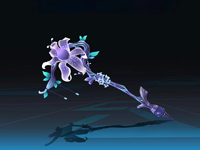 Ornamental Purple Fantasy Magic Staff With Floral Head Green Leaves Blue Accents 3d model