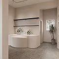 Minimalist Boutique Interior With Marble Reception Desk Geometric Decor Warm Lighting And Potted Plants