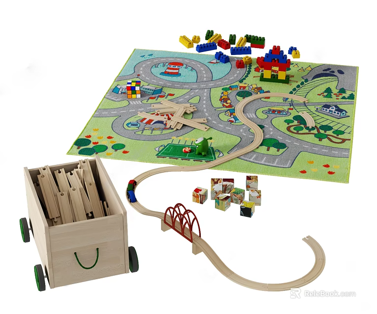 Wooden Building Blocks Set with Storage Cart Train Track and Play Mat Road Design 3d model 
