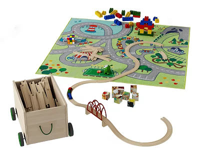 Wooden Building Blocks Set with Storage Cart Train Track and Play Mat Road Design 3d model