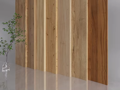 Wooden Wall Panels With Different Wood Textures And Stone Floor Featuring Glass Vase Green Plant 3d model