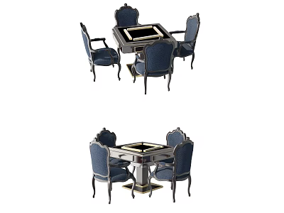 Elegant Square Entertainment Table With Four Blue Chairs And Carved Backs 3d model