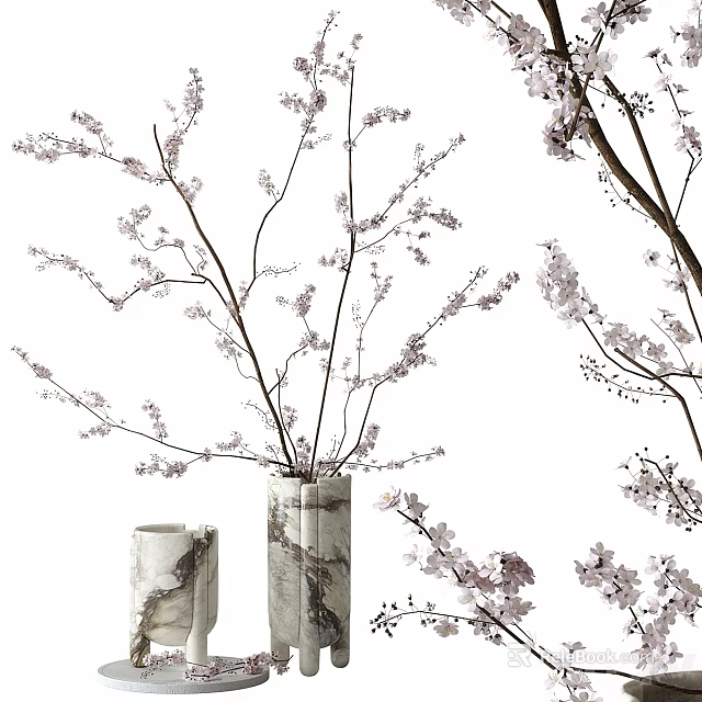 Elegant Decorative Ornament Set With Cherry Blossom Branches And Marble Vases 3d model 