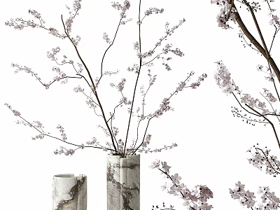 Elegant Decorative Ornament Set With Cherry Blossom Branches And Marble Vases 3d model