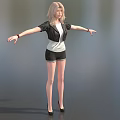 Blonde Game Movie Character in Black Jacket White Top Black Shorts Arms Outstretched Gray Background