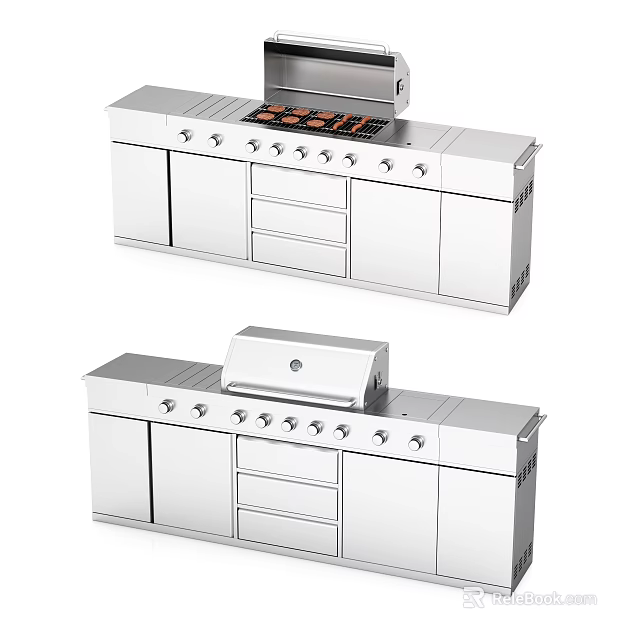 Modern Stainless Steel Outdoor Fireplace Design With Multiple Knobs Drawers And Cabinets 3d model