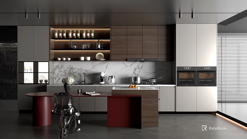 Modern Kitchen Interior Featuring Dark Wood Cabinets Marble Countertops Stainless Steel Appliances And Illuminated Shelves 3d model 